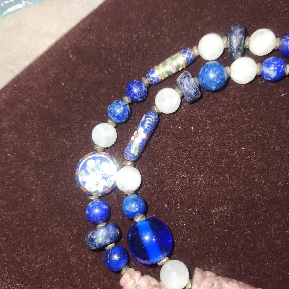 Vintage Chinese Export Lapis‎ Lazuli Pink stone Cloisonne Enamel Bead Necklace
